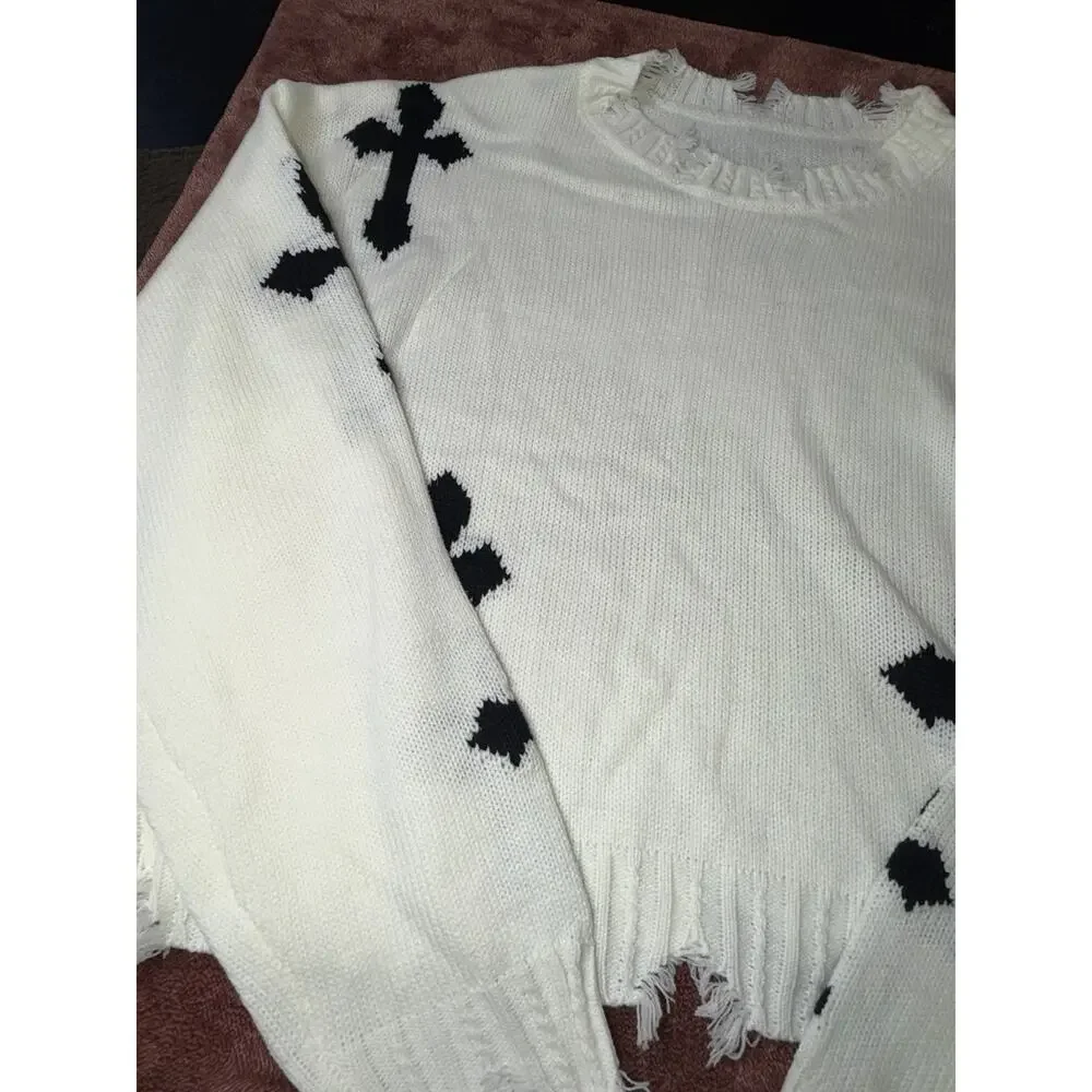 White Distressed Knit Sweater with Black Cross Details